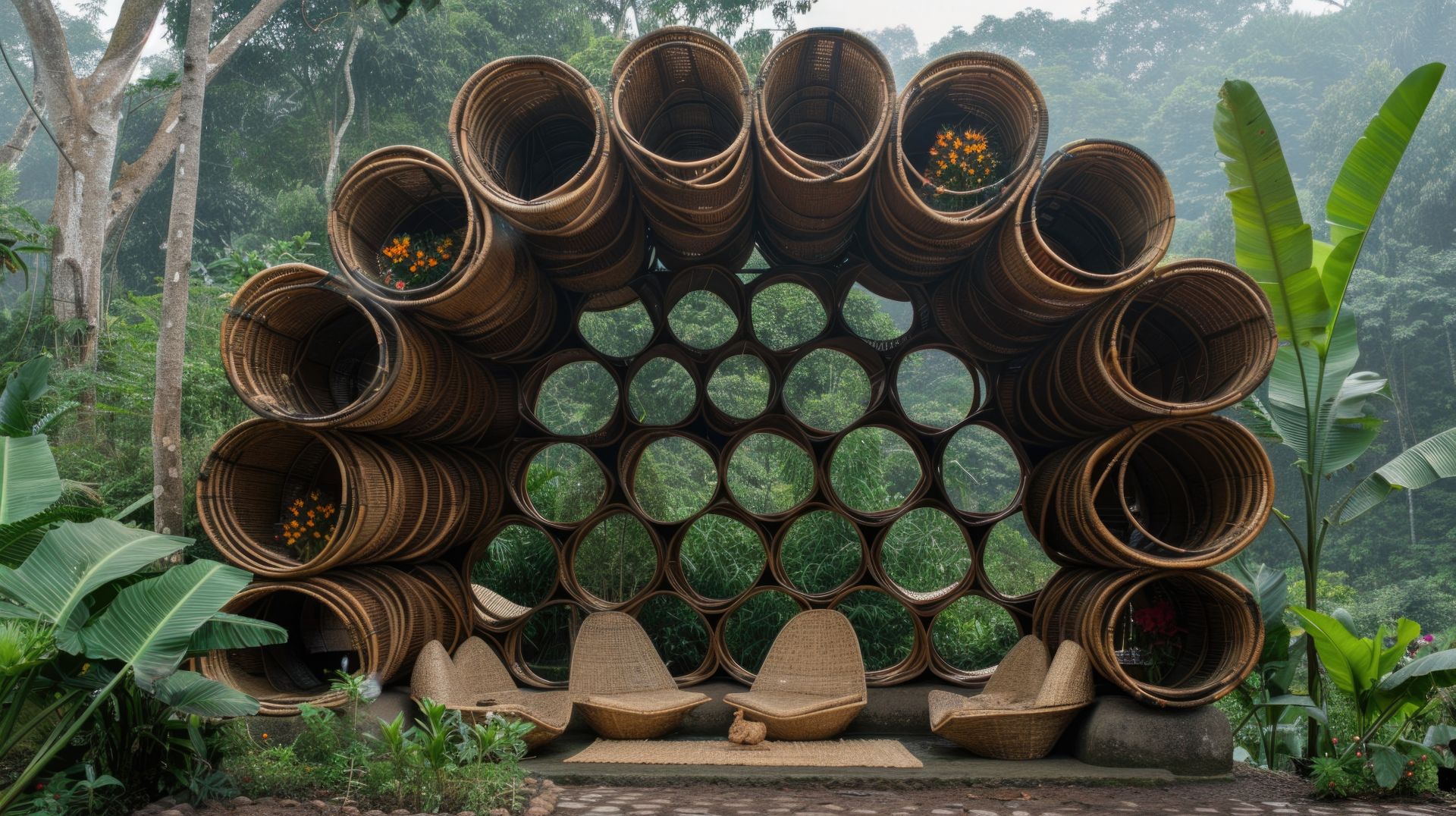 Ein innovativer Pavillon aus Bambusrohren inmitten tropischer Vegetation, ideal für Entspannung und Naturerlebnisse.