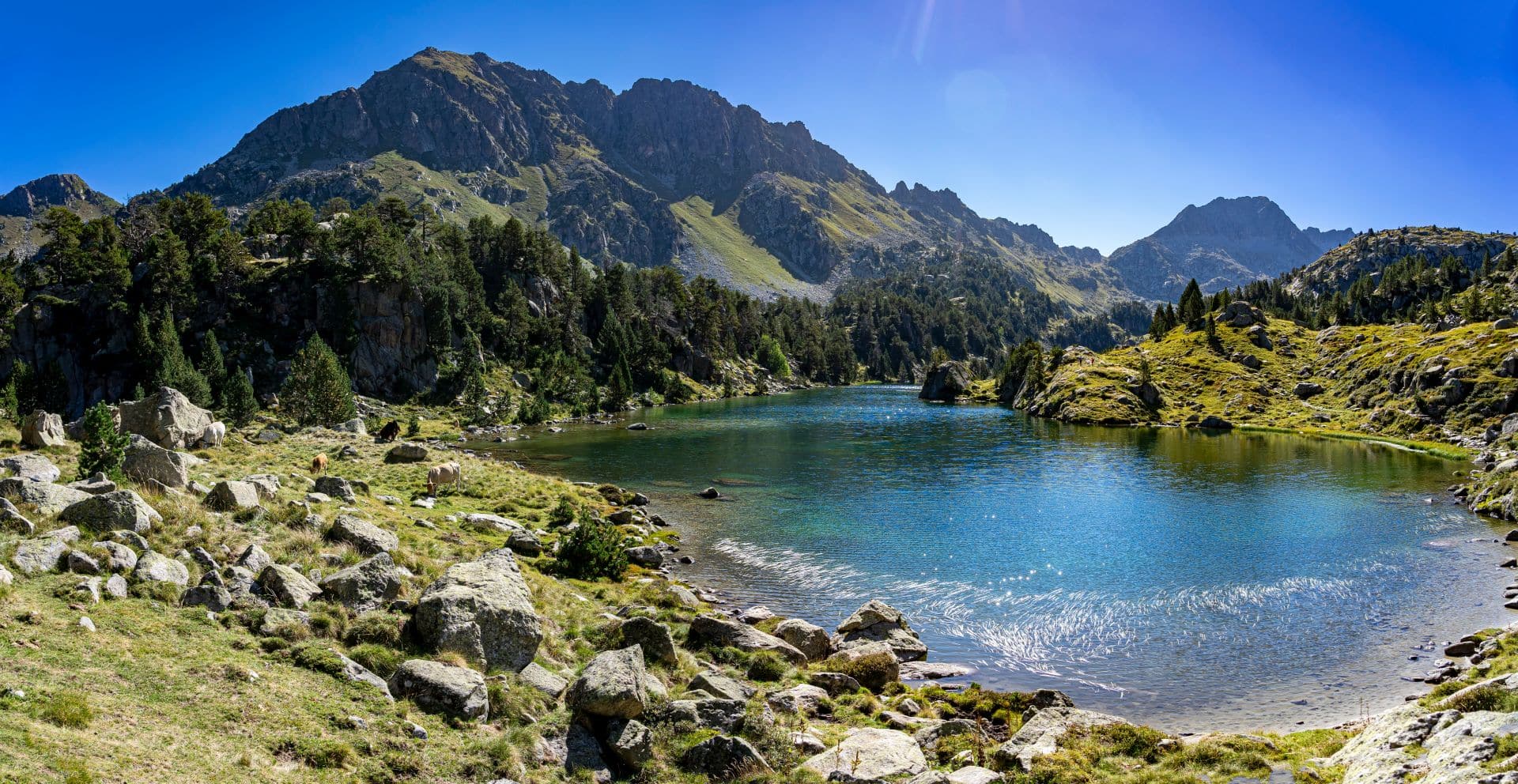 Kristallklarer Bergsee umgeben von grünen Wiesen und Bergen, ein idealer Ort für Naturerlebnisse mit Pavillons in der Nähe.