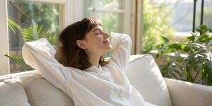 Ruhige junge Frau, die sich mit den Händen hinter dem Kopf auf der Couch in einem sonnendurchfluteten Raum für Wellness entspannt.